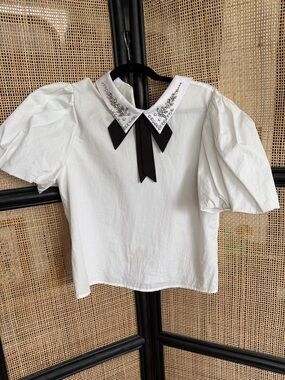 Zara White Puff Sleeve Top with Jeweled Collar and Black Bow